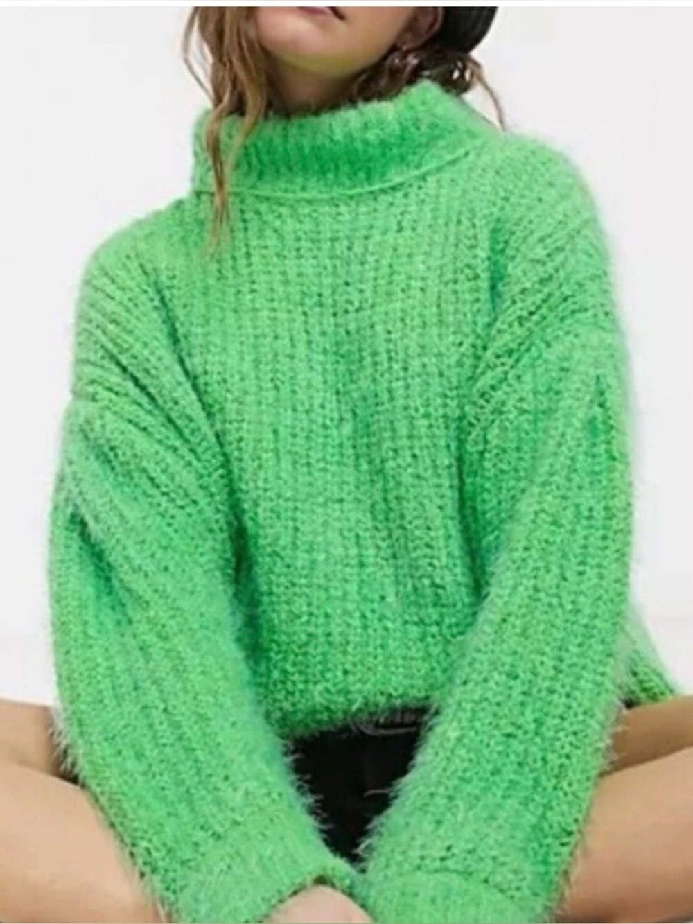 Free People Oasis Oversized Tunic Sweater Mock Neck Fuzzy Chunky Green Energy S